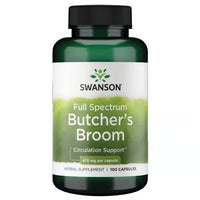 Thumbnail for A green bottle of Full Spectrum Butchers Broom by Swanson, with 100 capsules at 470 mg each, is rich in ruscogenin and supports the circulatory system.