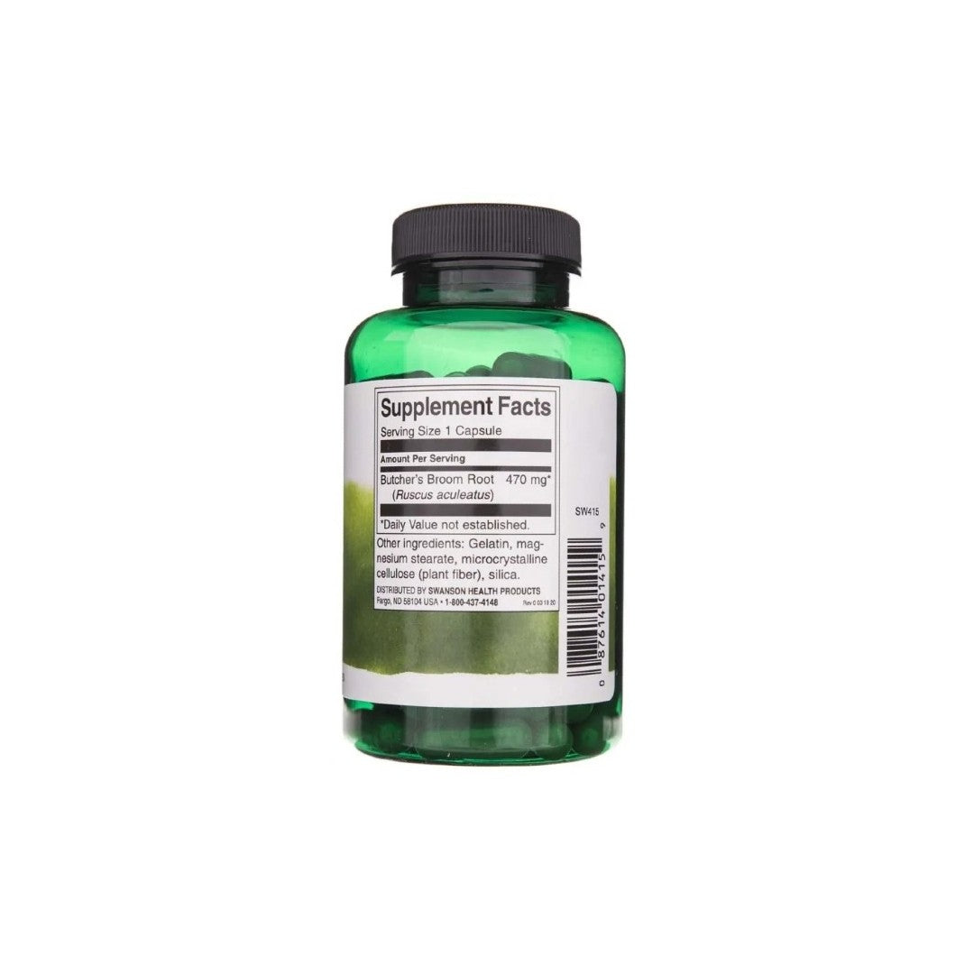 A green bottle labeled "Supplement Facts" from Swanson contains Butcher's Broom 470 mg capsules. The back of the bottle provides detailed ingredient information, highlighting its anti-inflammatory benefits for the circulatory system.