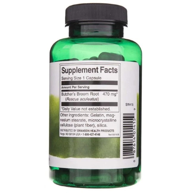 Swanson's Full Spectrum Butchers Broom holds 100 green capsules, each with 470 mg of ruscogenin-rich extract to support circulation. Other ingredients include gelatin and silica.