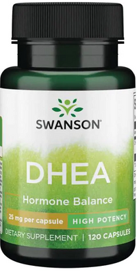Un flacone di Swanson DHEA - High Potency - 25 mg 120 capsule per l'equilibrio ormonale.