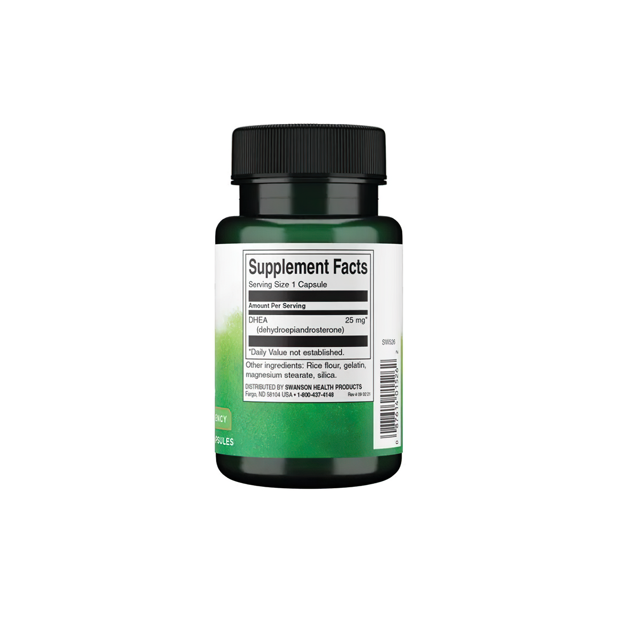 Un flacone di Swanson DHEA - High Potency - 25 mg 120 capsule su sfondo bianco.