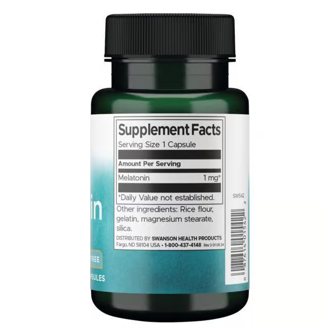 Swanson's Melatonin - 1 mg supports your sleep-wake cycle with rice flour, gelatin, magnesium stearate, and silica in each of the 120 capsules.