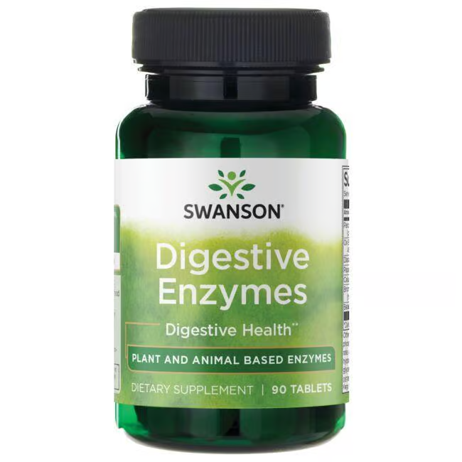 The "Digestive Enzymes 90 Tablets" by Swanson is a green bottle containing "Plant and Animal Based Enzymes" designed to support digestive health.