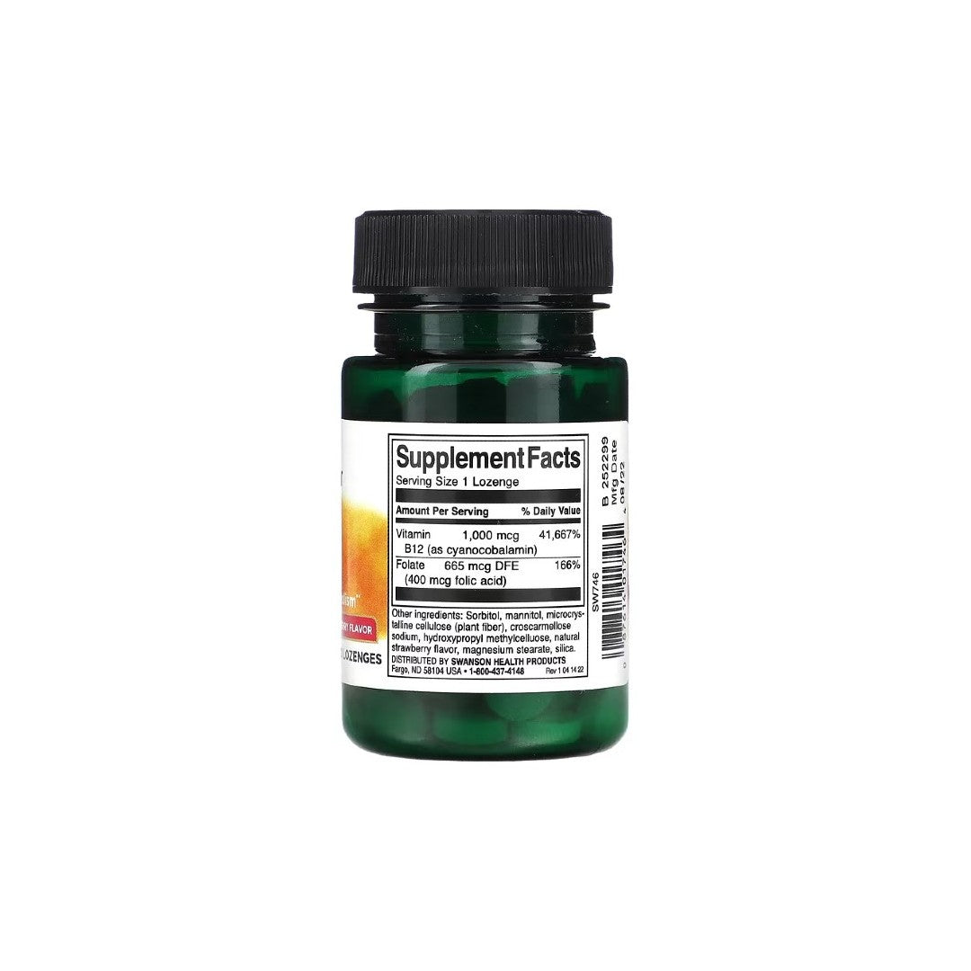 A green bottle of Swanson's Vitamin B12 1000mcg with Folate 665mcg dietary supplements, featuring a white label on the front that displays supplement facts and ingredients, highlighting benefits for cardiovascular health.