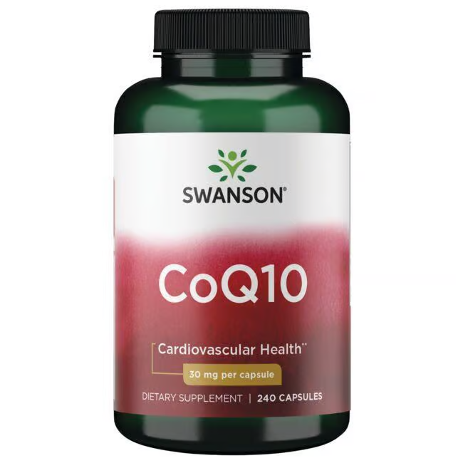 A bottle of Swanson's Coenzyme Q10 dietary supplement contains 240 capsules, each providing 30 mg to support cardiovascular health and energy production.