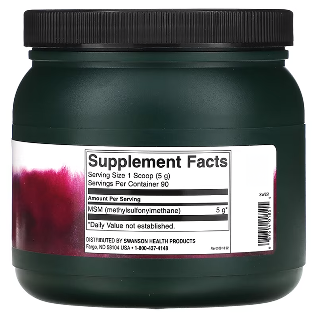 Green jar of Swanson MSM powder - 454 grams with a label showing serving size, servings per container, and distribution info, perfect for joint health and connective tissue maintenance.