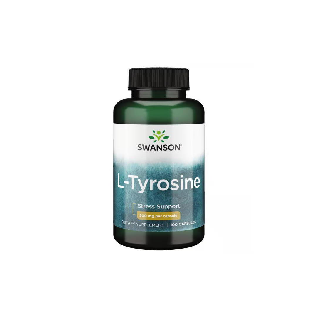 A green "Swanson" bottle labeled "L-Tyrosine - 500 mg" contains 100 capsules aimed at supporting stress and enhancing cognitive functions.