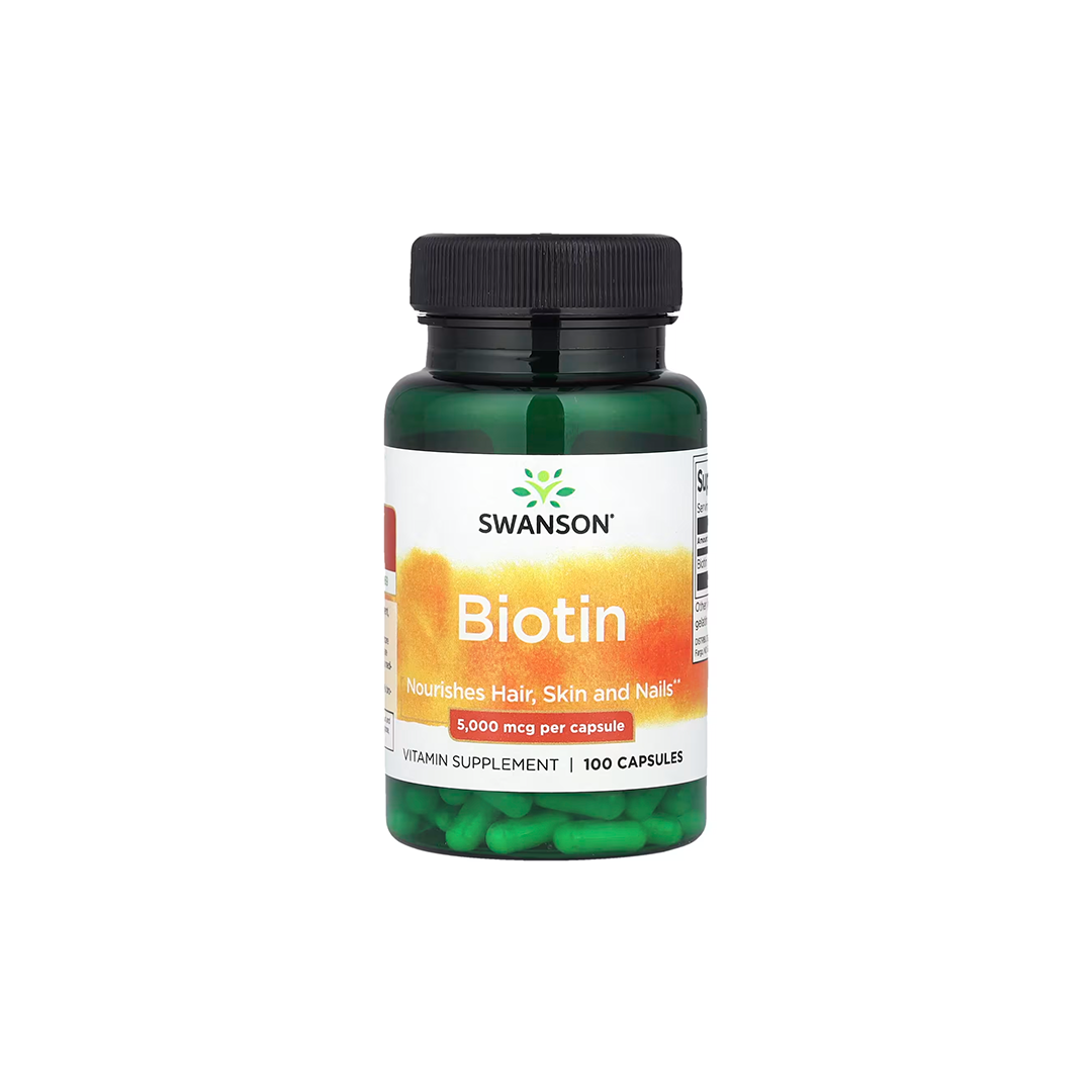 The Swanson Biotin 5000 mcg supplement, with 100 capsules, is designed to nourish hair, skin, and nails.