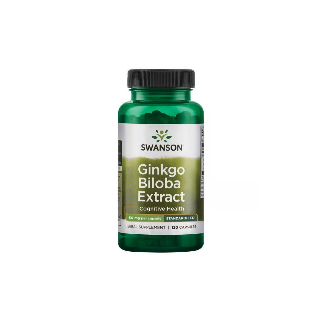 Swanson's Ginkgo Biloba Extract supports cognitive health and offers antioxidant benefits. This product, in a green bottle, contains 120 capsules with 60 mg each.