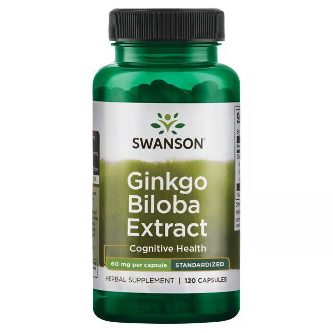 The Swanson Ginkgo Biloba Extract contains 120 green capsules, each with 60 mg to enhance cognitive function and provide antioxidant support for brain health.