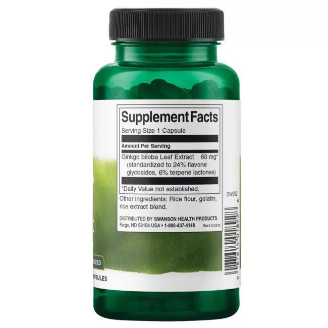 A green bottle labeled with supplement facts for Swanson's Ginkgo Biloba Extract 60 mg capsules, highlighting its antioxidant benefits and cognitive support, lists rice flour and gelatin as ingredients.