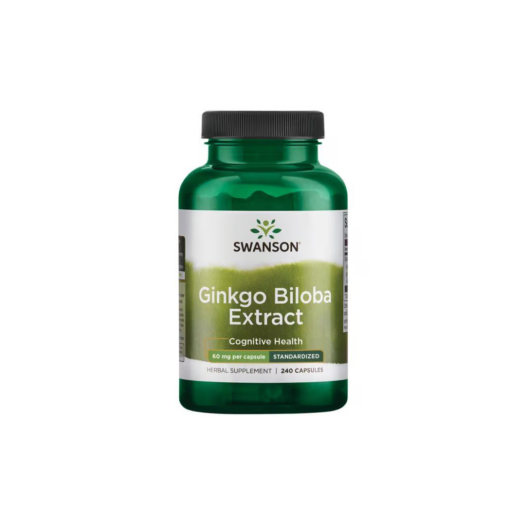 Swanson's Ginkgo Biloba Extract, known for supporting cognitive function and antioxidant benefits, is available in a green bottle with 240 capsules at 60 mg each.