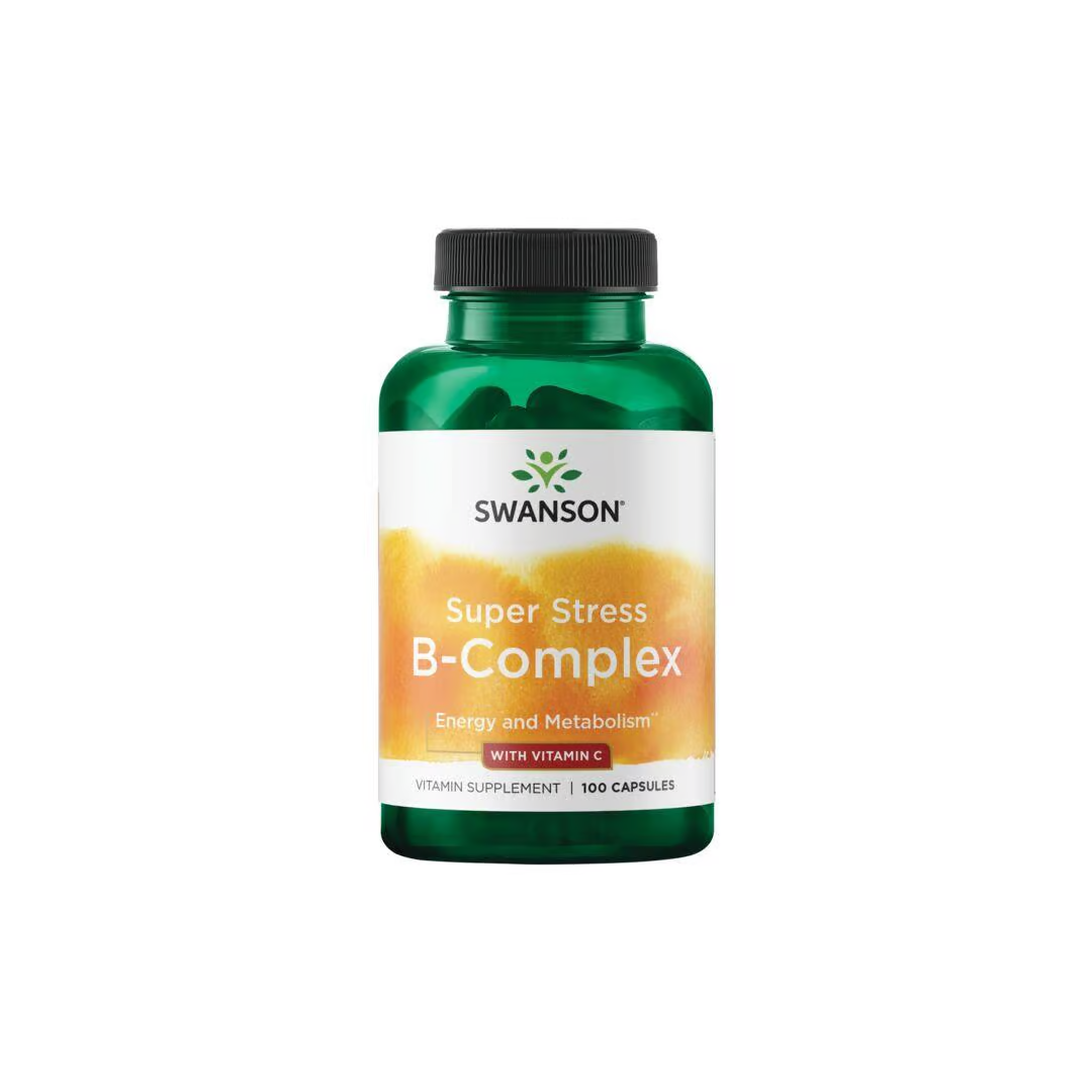 Swanson's B-Complex with Vitamin C, 500 mg, offers energy and metabolism support in a green bottle containing 100 capsules for a comprehensive boost.