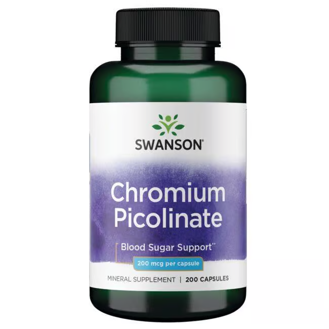 A bottle of Swanson Chromium Picolinate 200 mcg contains 200 capsules, supporting blood sugar and weight loss.