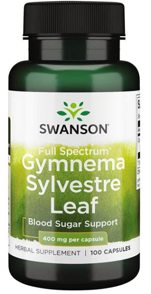 Un flacone di Swanson Gymnema Sylvestre Leaf - 400 mg 100 capsule.