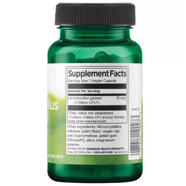 A Swanson bottle of Lactobacillus Gasseri, 3 billion CFU, 60 Veggie DRCapsules, features a black cap and a visible "Supplement Facts" label, providing essential digestive support for daily wellness.