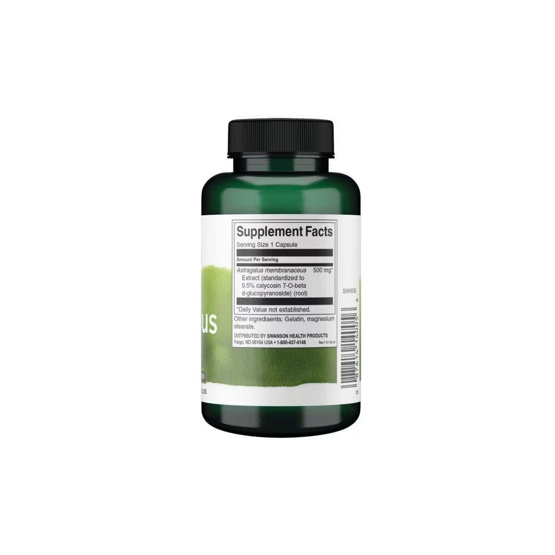 A green bottle of dietary supplements with a label showcasing the supplement facts and ingredients, highlighting Astragalus - Standardized 500 mg 120 Capsules by Swanson for its immune system support and antioxidant properties.