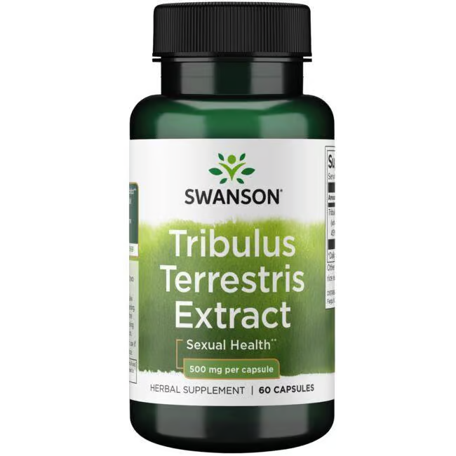 Swanson's Tribulus Terrestris Extract, designed for sexual health and testosterone support, contains 60 capsules of 500 mg each rich in steroidal saponins to boost vitality.