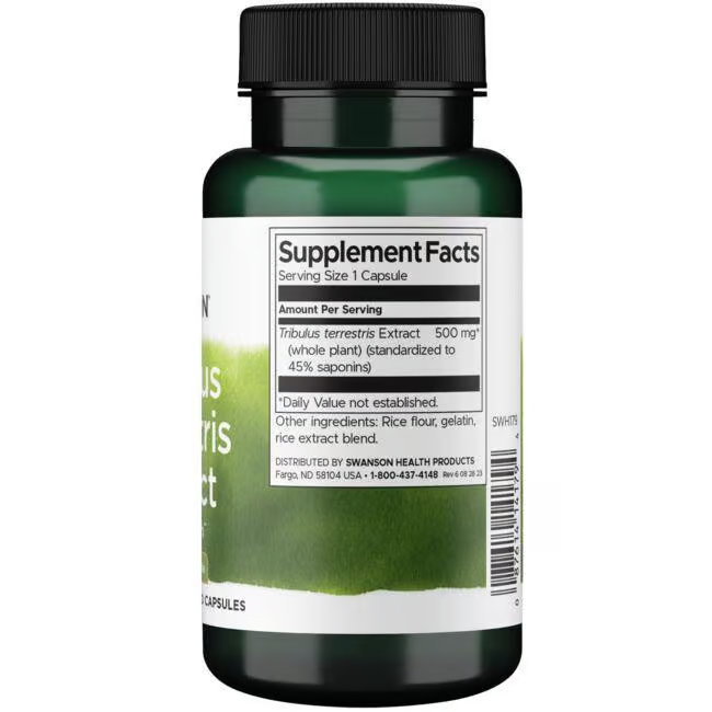 The Swanson Tribulus Terrestris Extract 500 mg (60 Capsules) prominently displays its label with supplement facts and ingredients, highlighting steroidal saponins to support healthy testosterone levels.