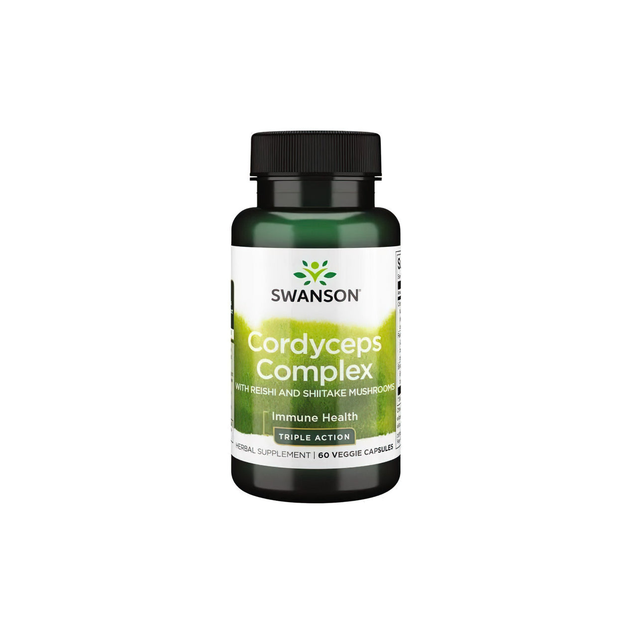 Un flacone di Swanson's Cordyceps Complex con funghi Reishi e Shiitake 60 capsule vegetali.