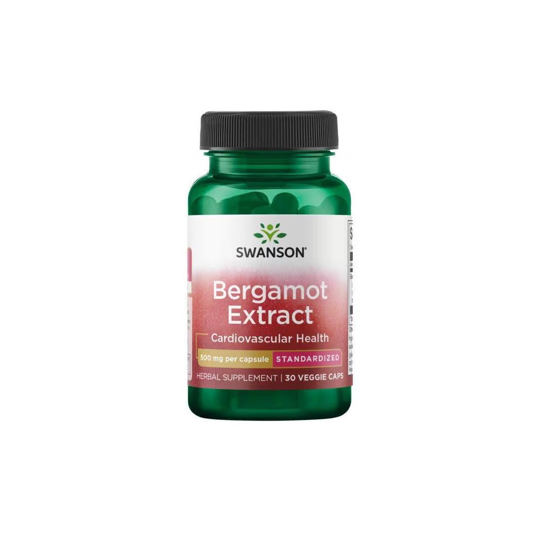 A green bottle of Swanson's Bergamot Extract, labeled "500 mg 30 Veggie Capsules," features "Cardiovascular Health," emphasizing its antioxidant potential for heart support.