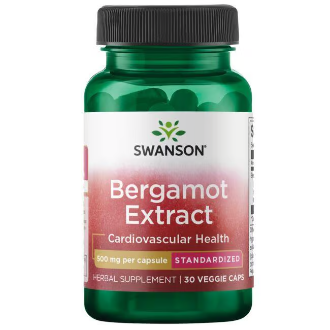 A green bottle labeled "Swanson Bergamot Extract 500 mg 30 Veggie Capsules" emphasizes "Cardiovascular Health," "500 mg per capsule," and "Standardized." Renowned for its antioxidant properties, this supplement effectively supports overall wellness.