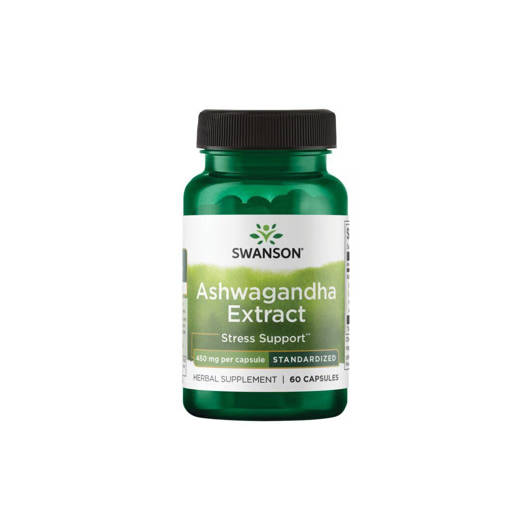 A 60-capsule bottle of Swanson Ashwagandha Extract, an adaptogen for stress relief.