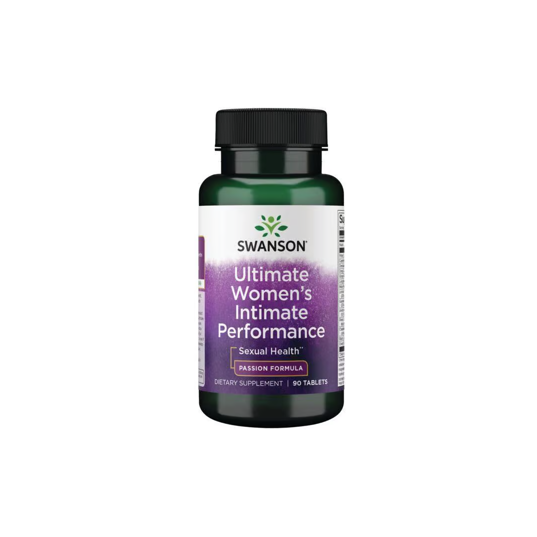 A bottle of Swanson Ultimate Women's Intimate Performance dietary supplement contains 90 tablets, expertly crafted with herbs for libido support, promoting sexual health and passion formula.