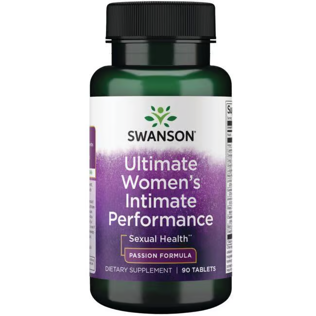 A bottle of Swanson Ultimate Women's Intimate Performance, a dietary supplement with herbs for libido and sexual health, contains 90 tablets.