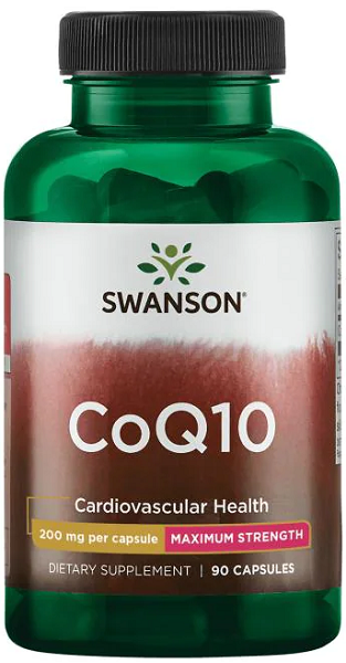 Un flacone di Swanson Coenzima Q10 - 200 mg 90 capsule.