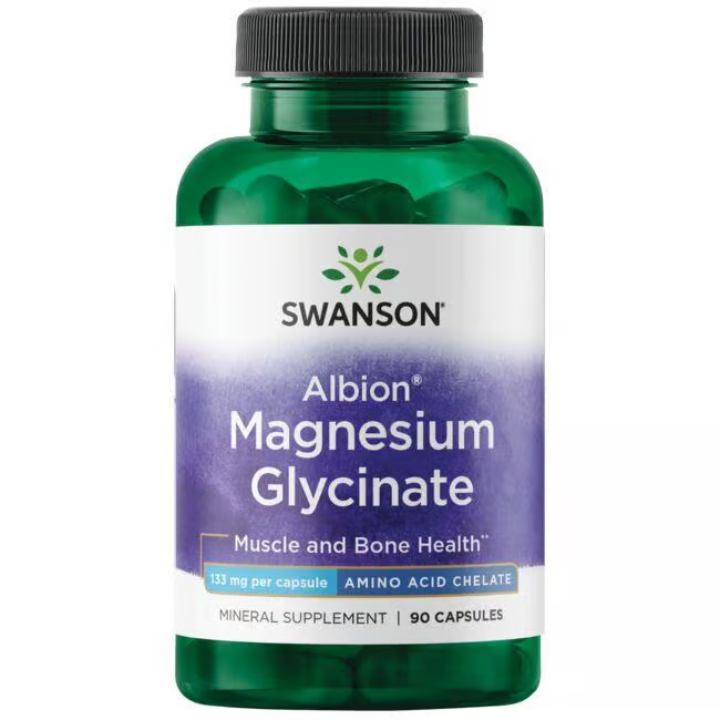 Green bottle of Swanson Albion Chelated Magnesium Glycinate, a mineral supplement with 90 capsules, 133 mg each, for muscle health and nervous system stabilization.