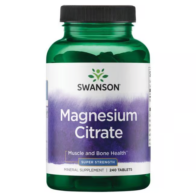 A bottle of Swanson Magnesium Citrate 225 mg dietary supplement, containing 240 tablets, in green packaging, is labeled for supporting muscle and bone health.