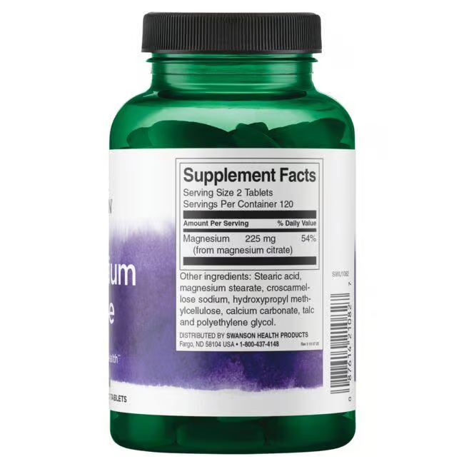 A green bottle of Swanson Magnesium Citrate 225 mg, containing 240 tablets, showcases a label with supplement facts and ingredients, highlighting its function as a dietary supplement for supporting healthy bones.