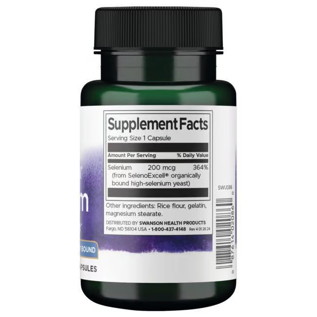 Green supplement bottle with a black cap from Swanson, labeled as Selenium - 200 mcg 60 capsules SelenoExcell. It's ideal for prostate maintenance and includes rice flour and gelatin for comprehensive support.