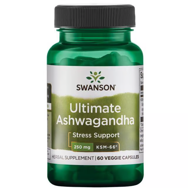 A green bottle labeled "Swanson Ashwagandha - KSM-66" contains 60 veggie capsules, each with 250 mg for stress support.