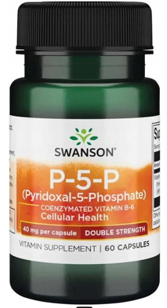 Un flacone di Swanson P-5-P Piridossal-5-Fosfato Doppia Forza - 40 mg 60 capsule integratore per la salute cardiovascolare.