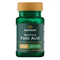 Thumbnail for Swanson's Folic Acid supplement offers 1000 mcg of Vitamin B9 per capsule from citrus limon extract. It provides essential support for prenatal and cardiovascular health with 100 veggie capsules included.