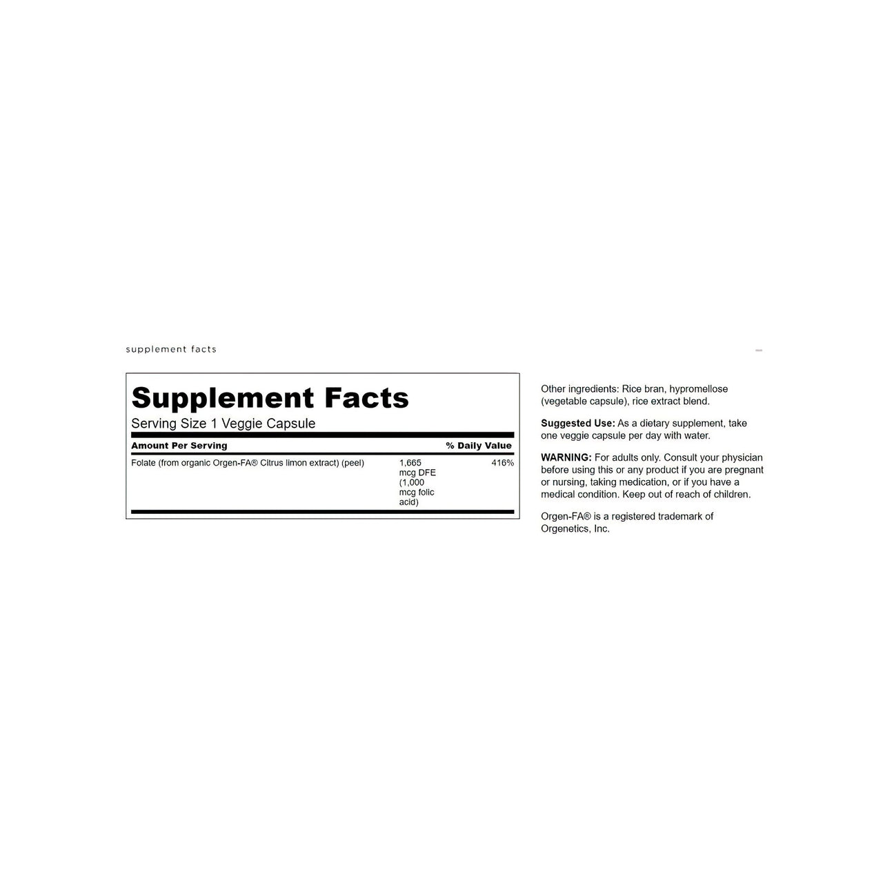 Un'etichetta per Swanson Acido folico - 1000 mcg 100 capsule vegetali Integratore alimentare reale.