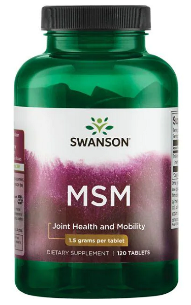 Un flacone di Swanson MSM - 1.500 mg 120 compresse, noto per i suoi benefici sulla salute delle articolazioni e per il supporto alla struttura del collagene. Grazie alle sue potenti proprietà antinfiammatorie, questo integratore è indispensabile per mantenere il benessere generale.