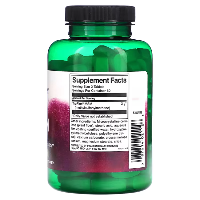 Swanson's MSM 1500 mg bottle contains 120 green tablets with a label detailing supplement facts like MSM content and serving size, promoting joint health. It emphasizes the benefits of organic sulfur and other essential ingredients.