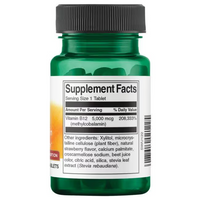 Thumbnail for A Swanson Vitamin B-12 - 5000 mcg bottle, features neurologically active methylcobalamin tablets with ingredients like xylitol, cellulose, natural strawberry flavor, and silica listed on the label.