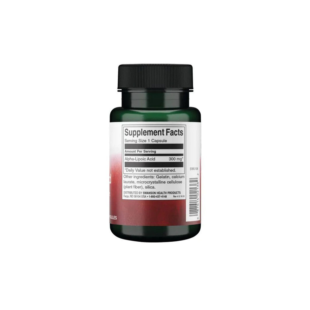 Il retro di un flacone di Acido Alfa Lipoico - 300 mg 60 capsule di Swanson.