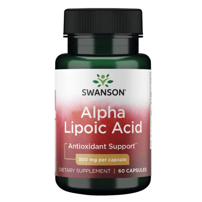 Swanson's Alpha Lipoic Acid 300 mg comes in a bottle of 60 capsules, supporting antioxidant and cardiovascular health, making it a valuable part of your wellness regimen.