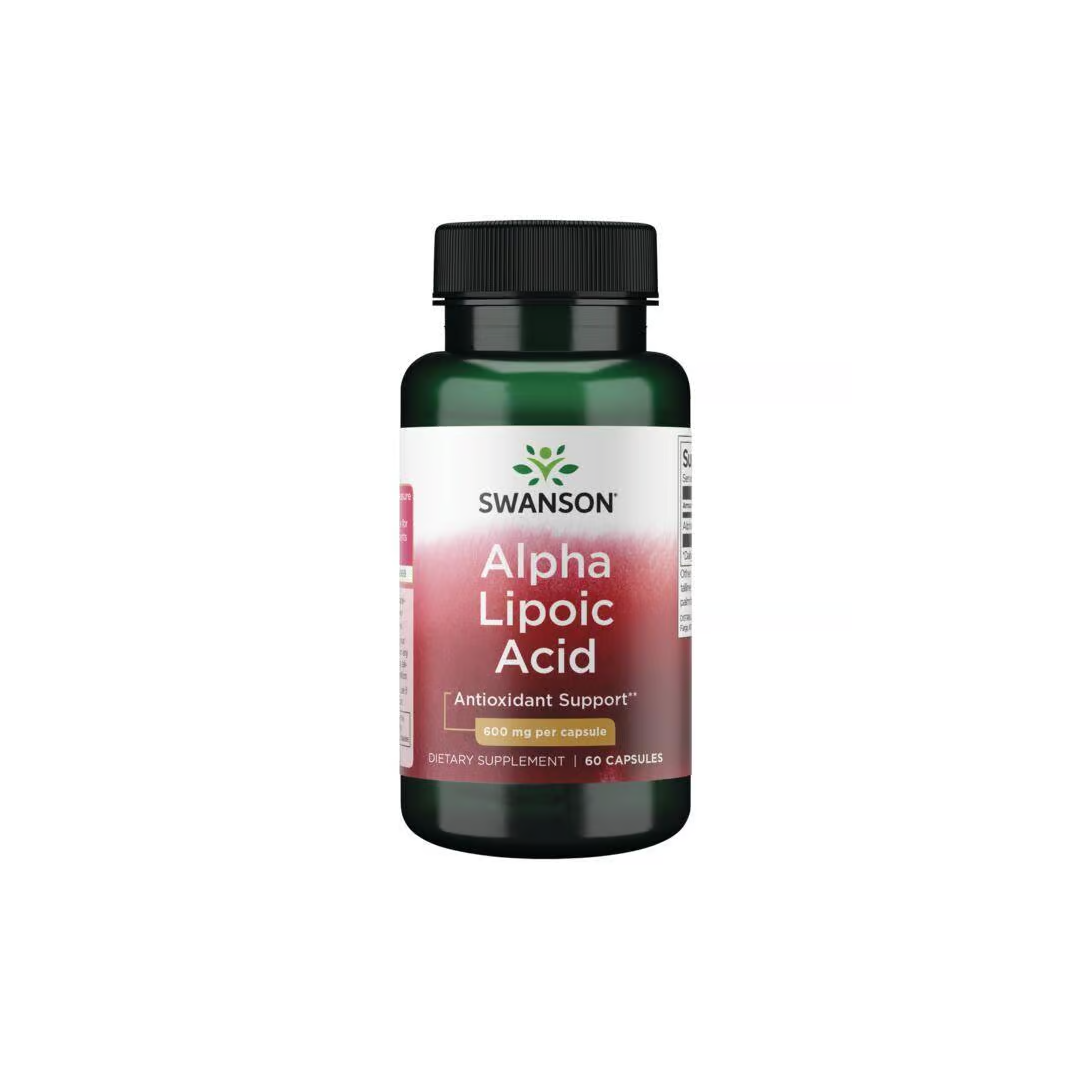 Swanson's Alpha Lipoic Acid dietary supplement provides antioxidant and metabolic support with 60 capsules, each containing 600 mg of Alpha-Lipoic Acid.