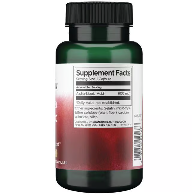 Swanson's Alpha Lipoic Acid - 600 mg 60 capsules prominently displays "Supplement Facts" on its label, detailing the antioxidant properties of Alpha-Lipoic Acid for essential metabolic support and enhanced well-being.