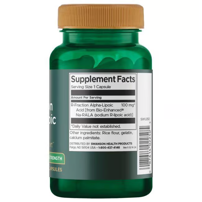 Swanson's R-Fraction Alpha Lipoic Acid 100 mg, 60 capsules, comes in a green bottle with a brown cap and a label detailing supplement facts and contact info. This antioxidant-rich formula supports cardiovascular health.