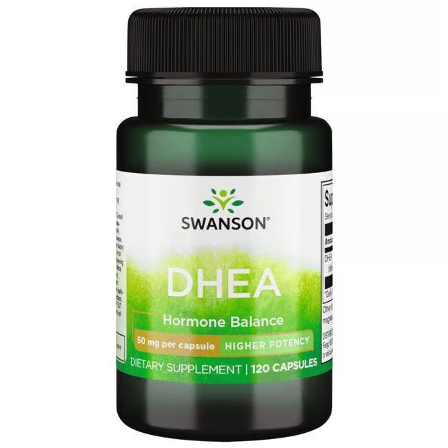 A green bottle labeled "DHEA - 50 mg 120 capsules" by Swanson supports hormonal balance and bone health, offering a potent dietary supplement with 50 mg of DHEA per capsule.