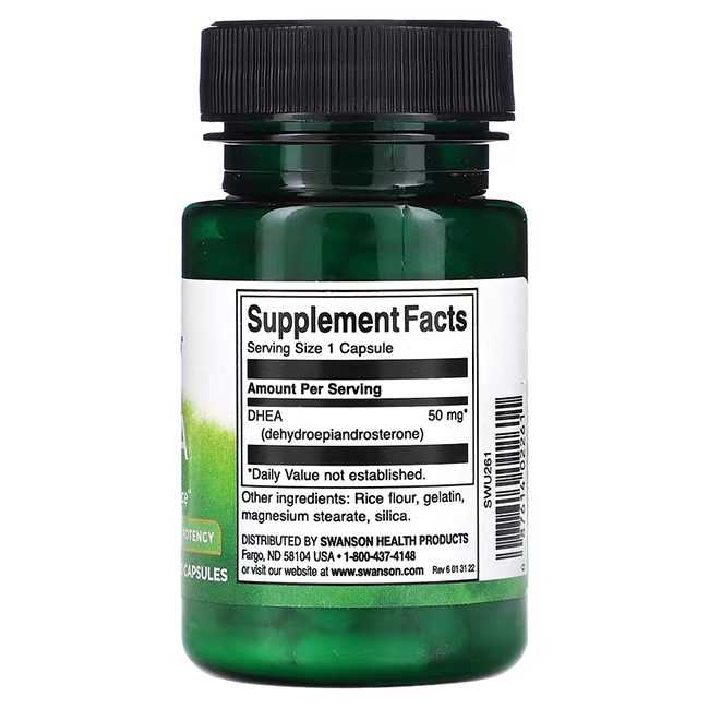 Swanson's green bottle of DHEA offers 50 mg per capsule, with 120 capsules promoting hormonal balance, featuring supplement facts and Swanson contact info on the label.