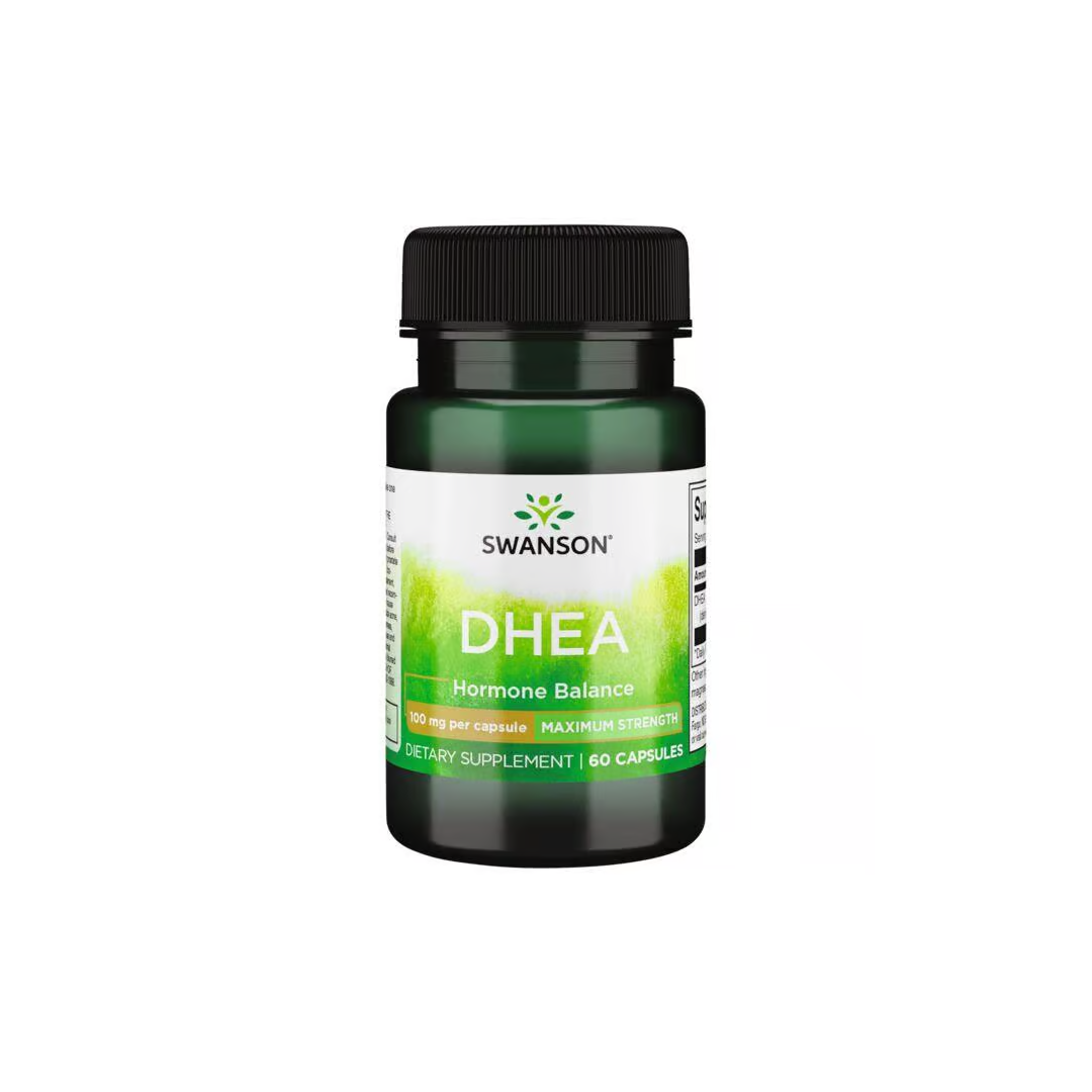 Experience rejuvenation with Swanson's DHEA 100 mg capsules. This green bottle contains 60 maximum strength capsules to support youth hormone benefits produced by the adrenal cortex.