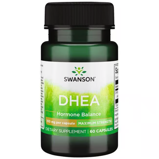 Swanson DHEA 100 mg Maximum Strength bottle contains 60 capsules labeled for hormone balance and youth hormone support.